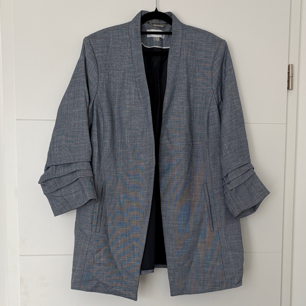Calvin Klein Open-Front Long Blue-Gray Blazer with Stitched Cuffs